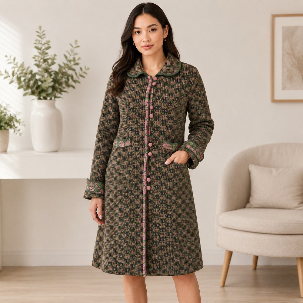 IVKO Knit Long Coat Small Green Pink Wool Blend Geometric Cardigan Boho Serbia